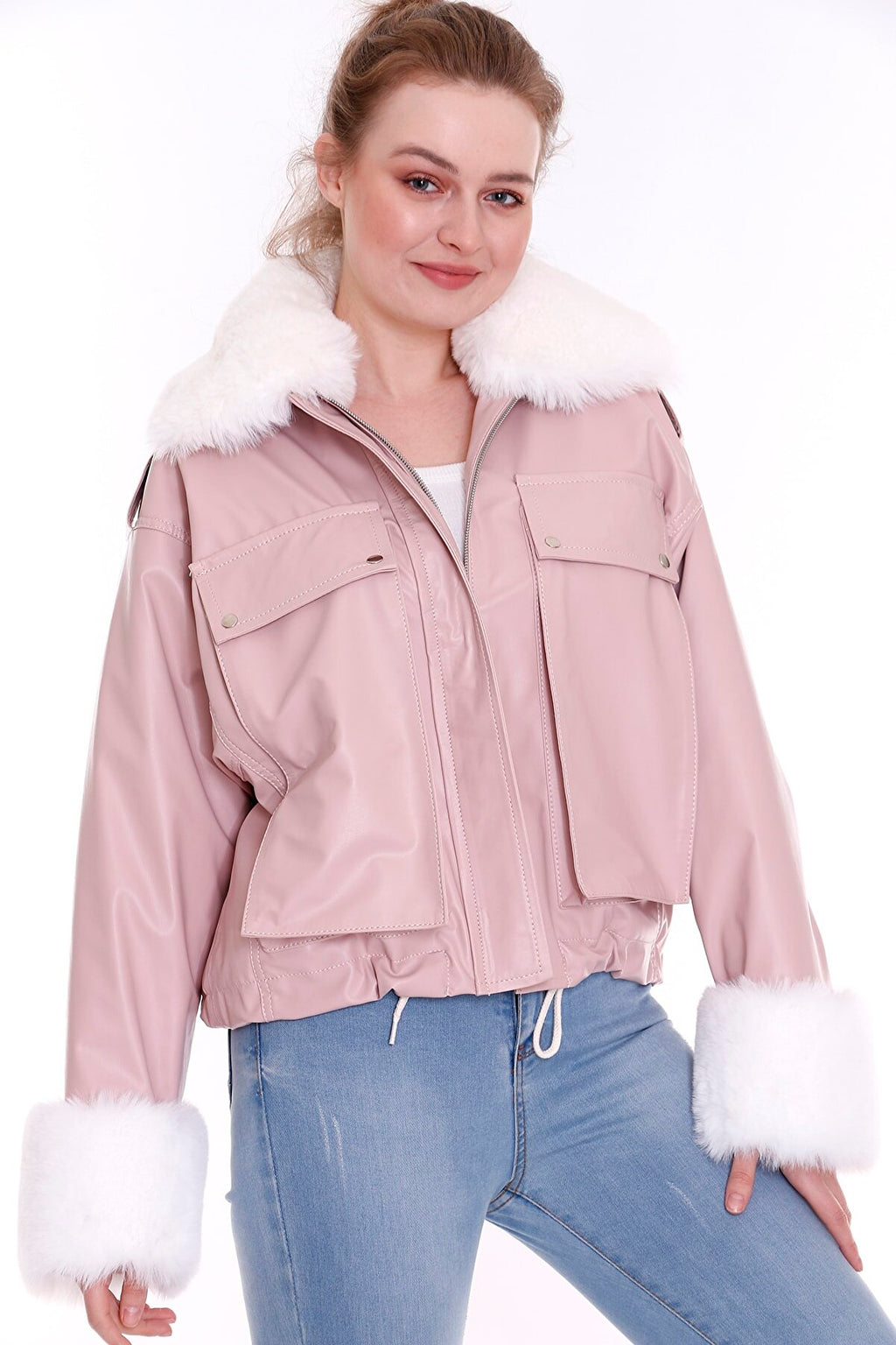 Suni Deri Kürklü Pembe Kadın Mont