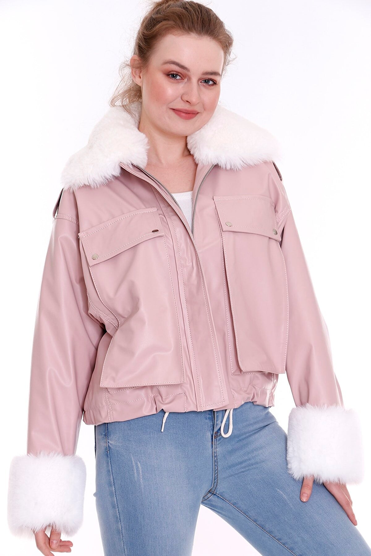 Suni Deri Kürklü Pembe Kadın Mont