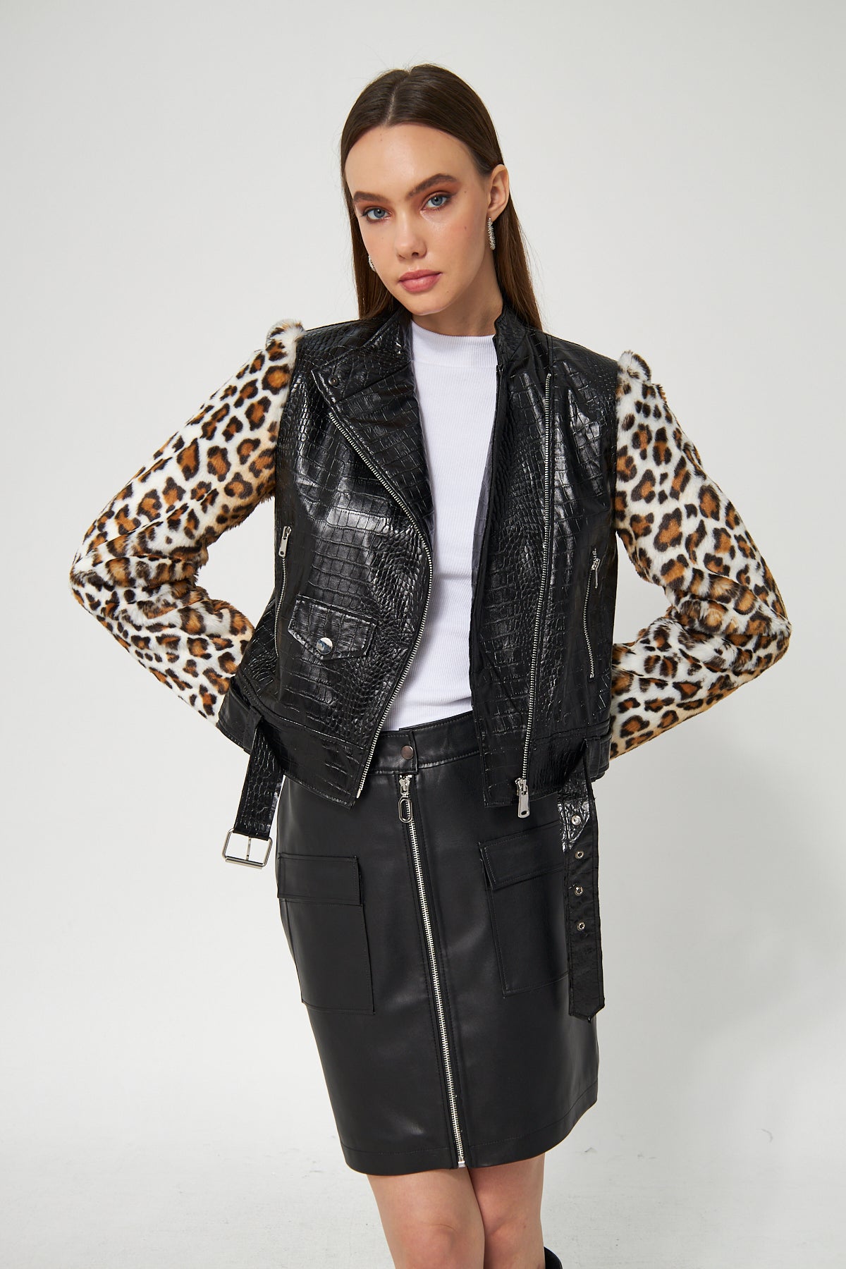 Suni Deri Biker Ceket Leopar