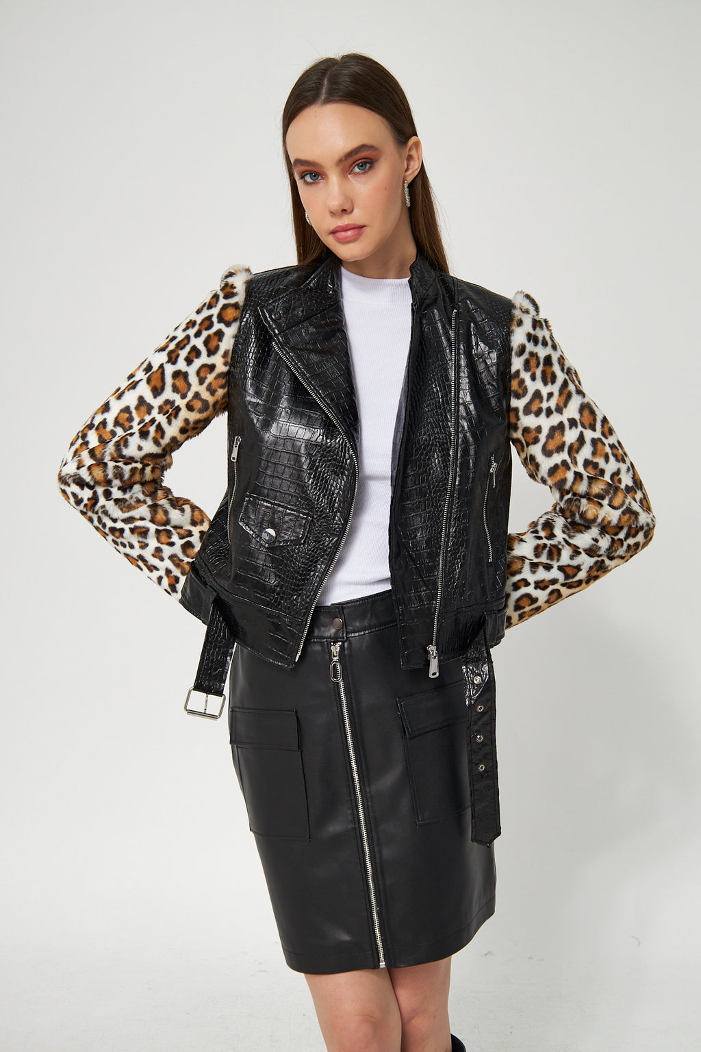 Suni Deri Biker Ceket Leopar