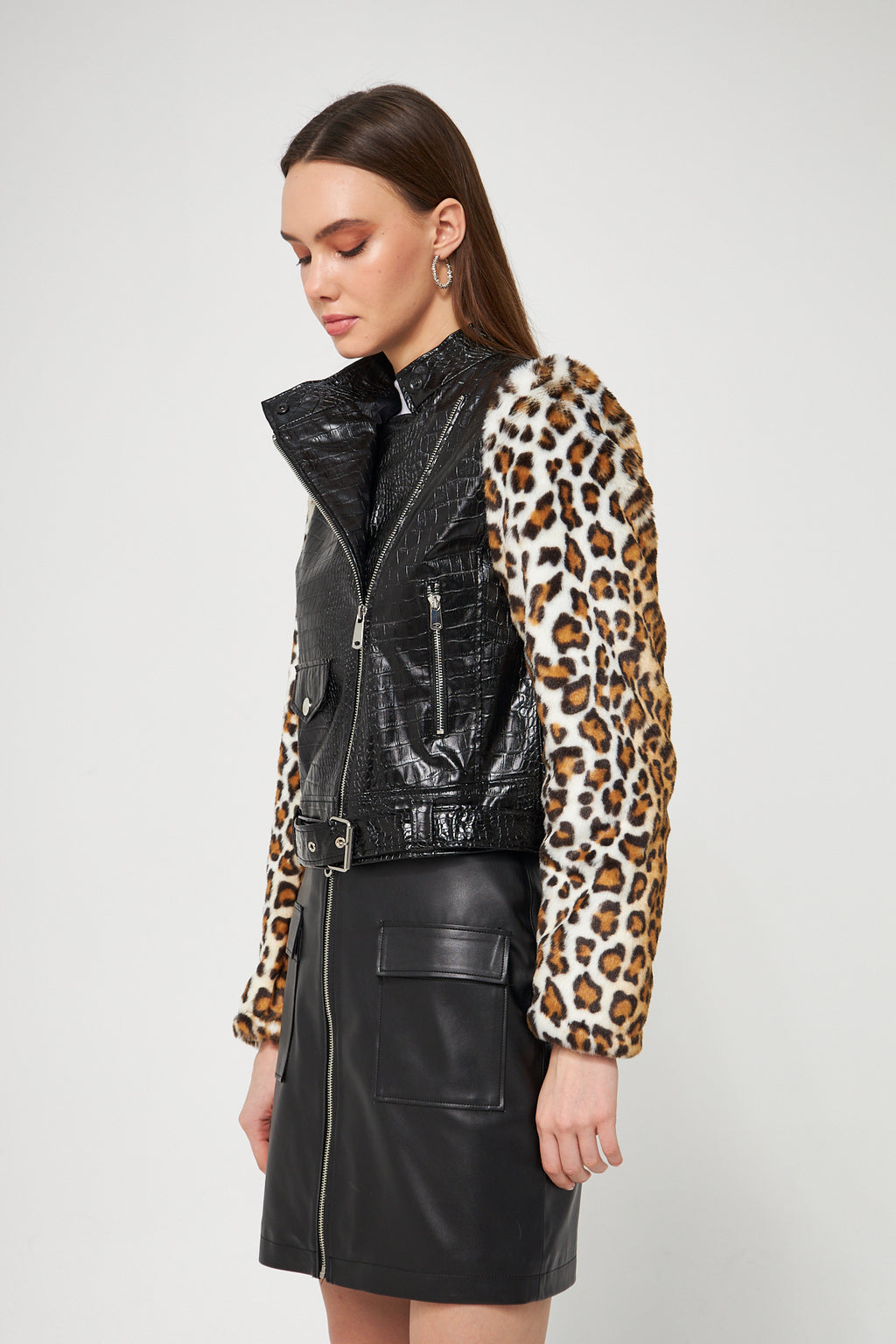 Suni Deri Biker Ceket Leopar