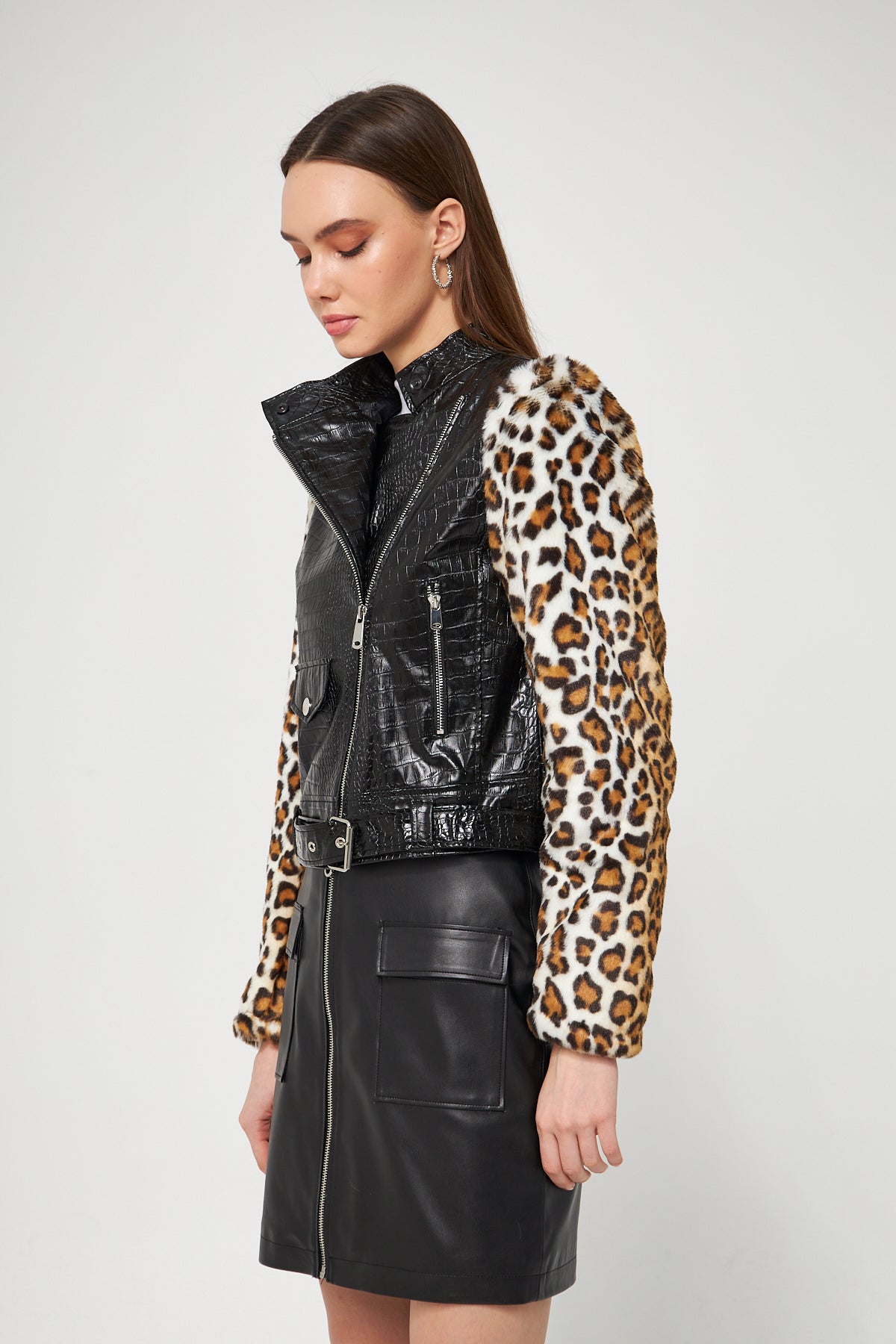 Suni Deri Biker Ceket Leopar