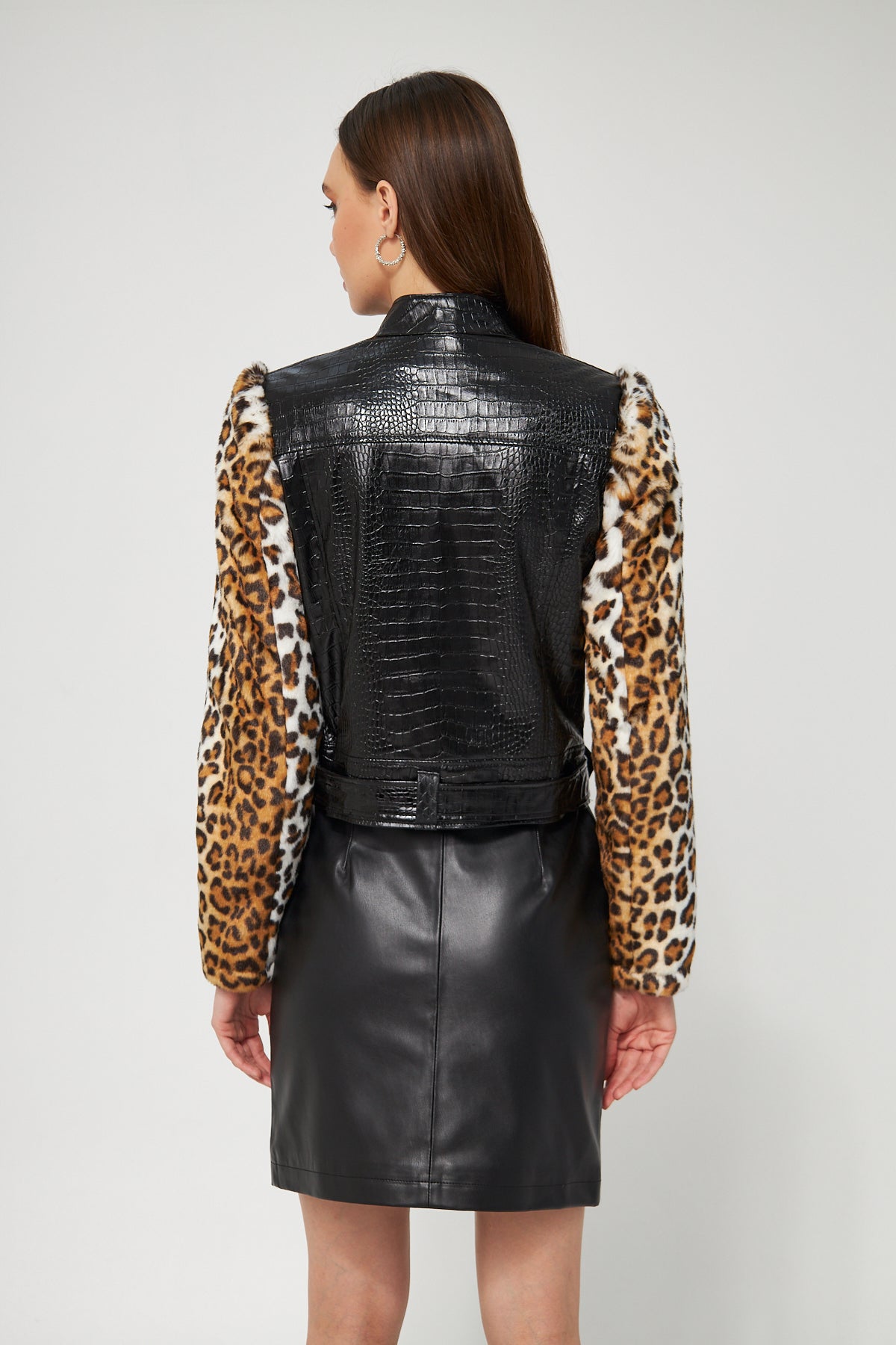 Suni Deri Biker Ceket Leopar