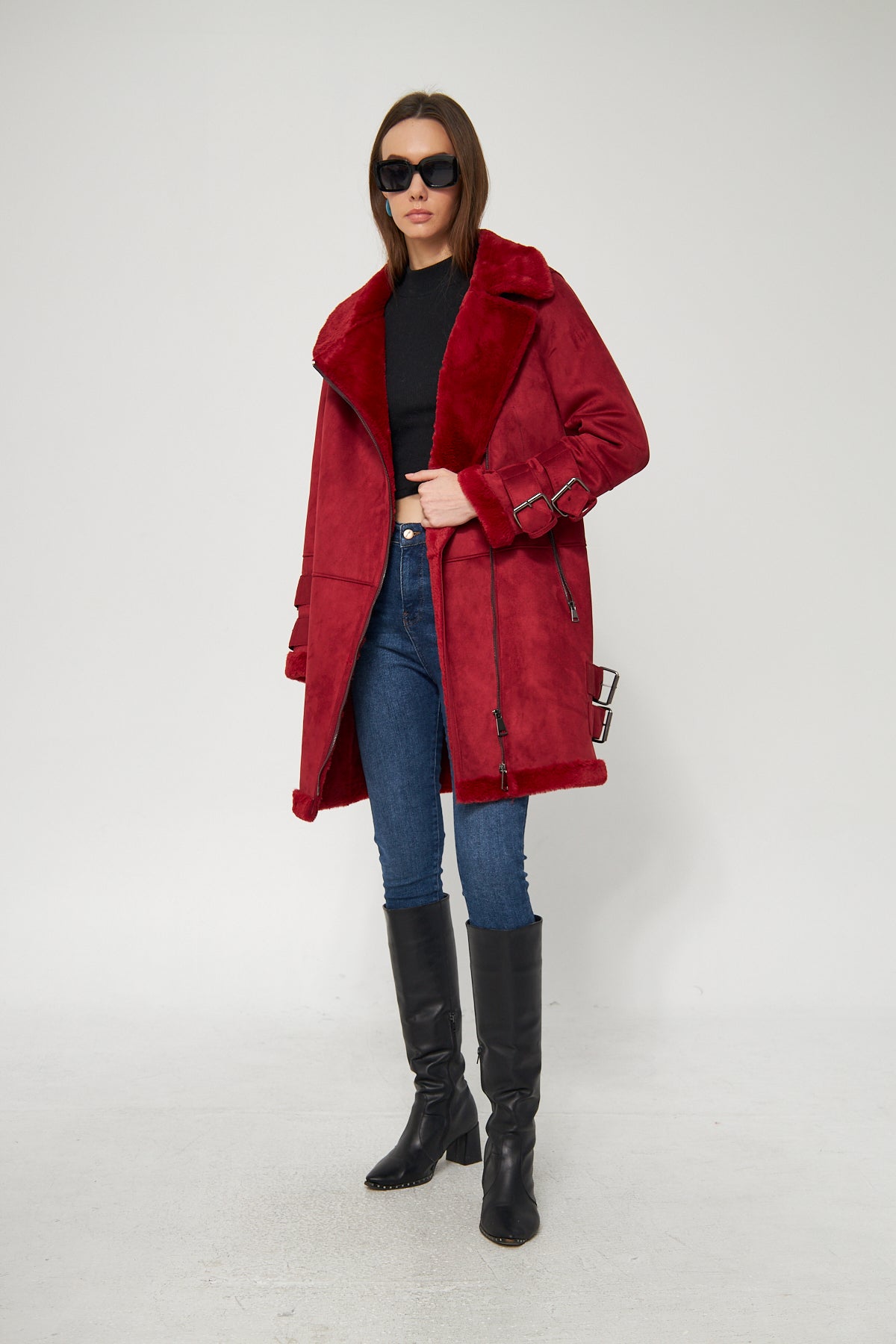Emily Suni Kürklü Süet Kaban Kırmızı